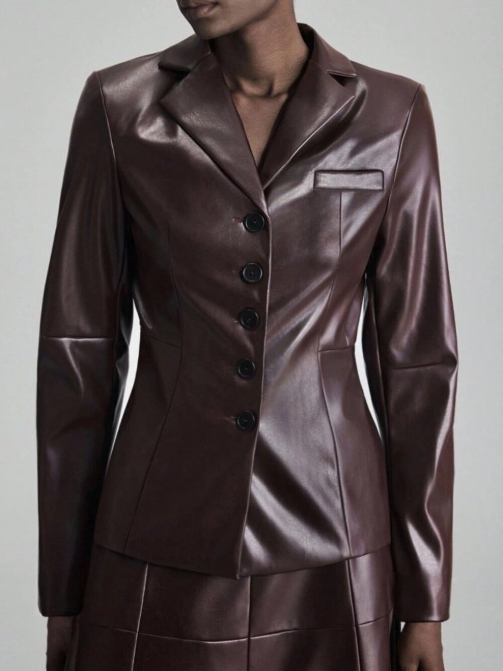 Espresso Brown Faux Leather Fitted Blazer with Notch Lapel